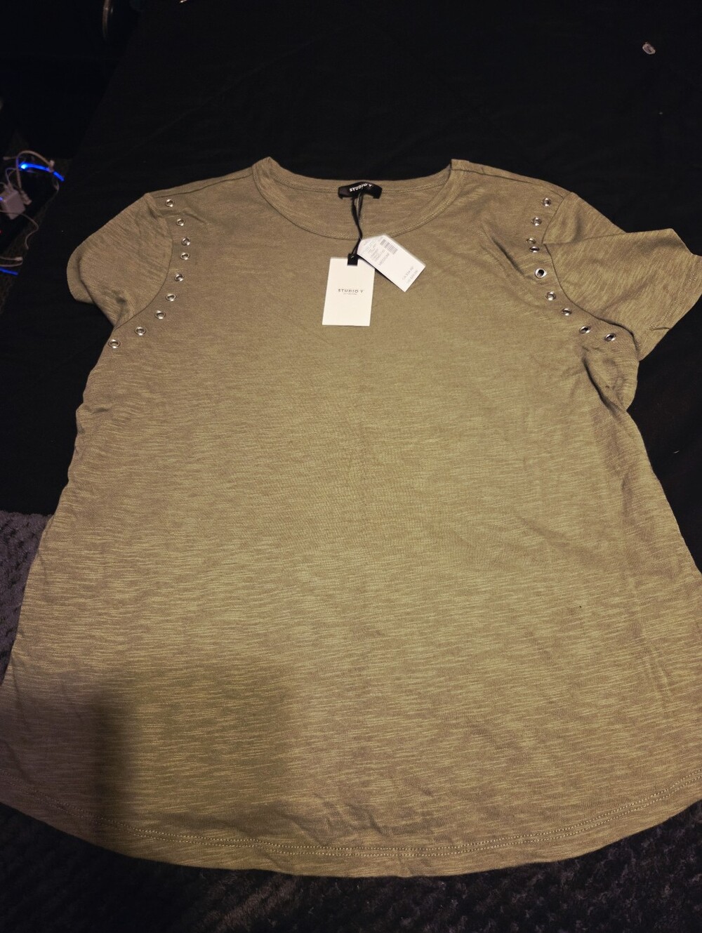 Blank NYC Olive Short Sleeve Tee with Shoulder Studs